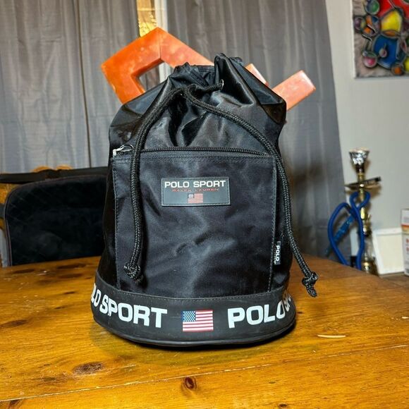Vtg POLO SPORT RALPH LAUREN Duffle Bucket Bag Gathered Top Strap Spellout Flag - Picture 1 of 8